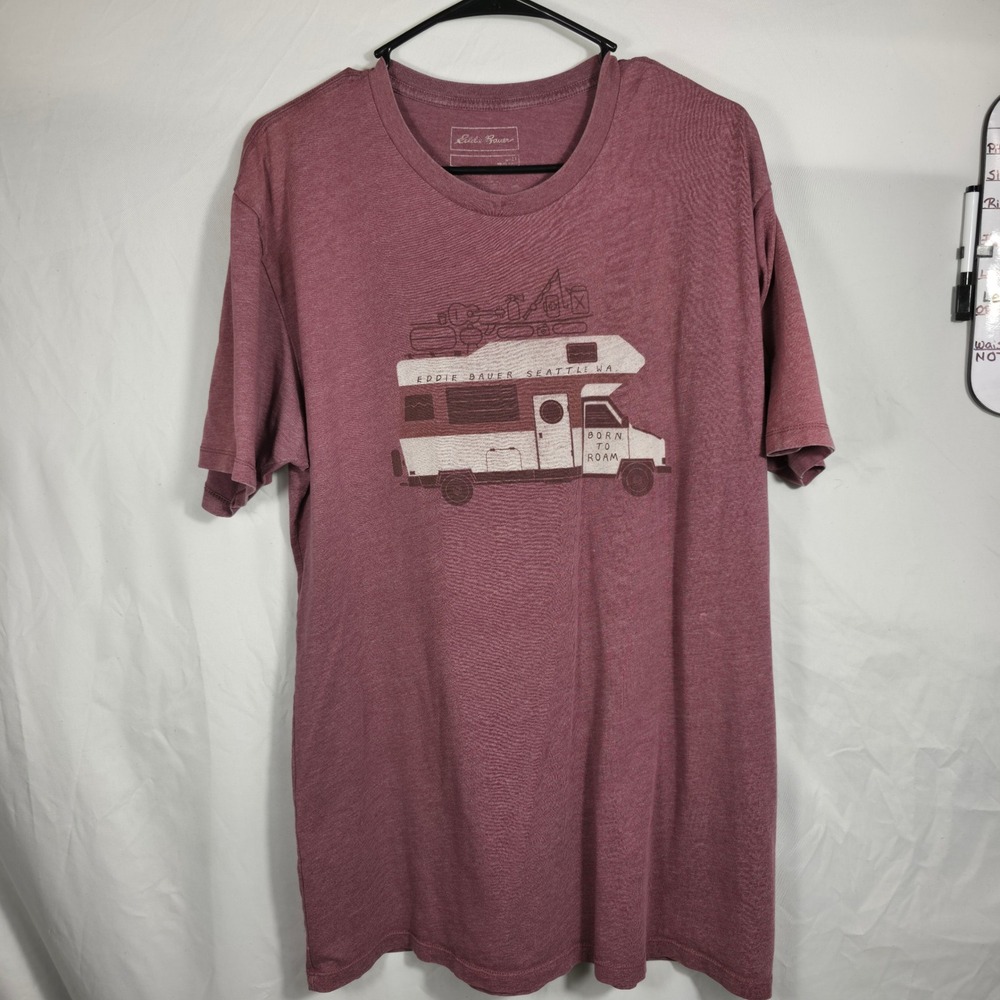 Eddie Bauer Graphic T-Shirt Mens LT Maroon Good Born To Roam Camper Van Tee